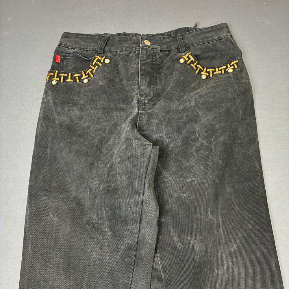 Vintage Gazoz Womens Black Washed Denim Gold Embellished Grunge Jeans Size 33x27